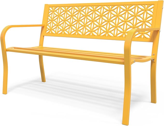 VINGLI 50" Outdoor Bench Metal with Floral Back, Garden Bench Front Porch Bench for Yard Patio Entryway Park Outside, 800lb Capacity - Yellow