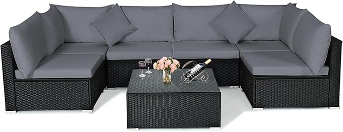 Tangkula 7-Piece Patio Furniture Set, Outdoor Sectional Sofa with Pillows and Cushions, Wicker Conversation Set with Coffee Table and Tea Table for Garden, Lawn (Grey)