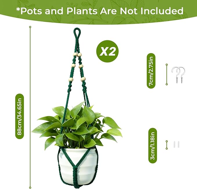 Macrame Plant Hanger,Up to 4-15 inch Pots, Wood Beads Cotton Hanging Planter Holder for Indoor Outdoor Boho Home Decor, 35 Inch, Ivory, Set of 2 (Green)