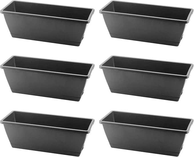 LEXININ 6 Pack 17 Inch Black Plastic Rectangular Window Planter Box, Window Vegetable Planter Box with Trays, Rectangular Flower Pots for Windowsill, Garden, Balcony, Patio, Black