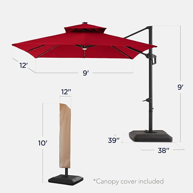 Best Choice Products 9x12ft LED Cantilever Patio Umbrella w/Base Included & 360° Rotation, Large Solar Offset Hanging Outdoor Sun Shade for Deck, Backyard Table w/Stand & Lights – Red