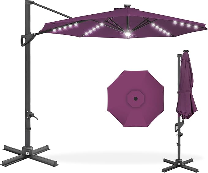 Best Choice Products 10ft Solar LED Cantilever Patio Umbrella, 360-Degree Rotation Hanging Offset Market Outdoor Sun Shade for Backyard, Deck, Poolside w/Lights, Easy Tilt, Cross Base