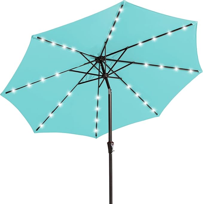 JEAREY 9FT Outdoor Patio Umbrella with Solar Lights, LED Lighted Pool Umbrella with Tilt and Crank, Outdoor Table Umbrellas for Deck, Yard & Market (Teal)