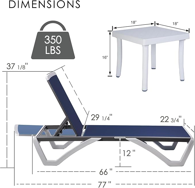 Kozyard Outdoor Chaise Lounge Chair, Full Flat Adjustable Patio Lounger with Aluminum Frame & Resin Legs, Textilene Fabric for Poolside, Backyard & Beach (Blue, 2Chairs with Table)