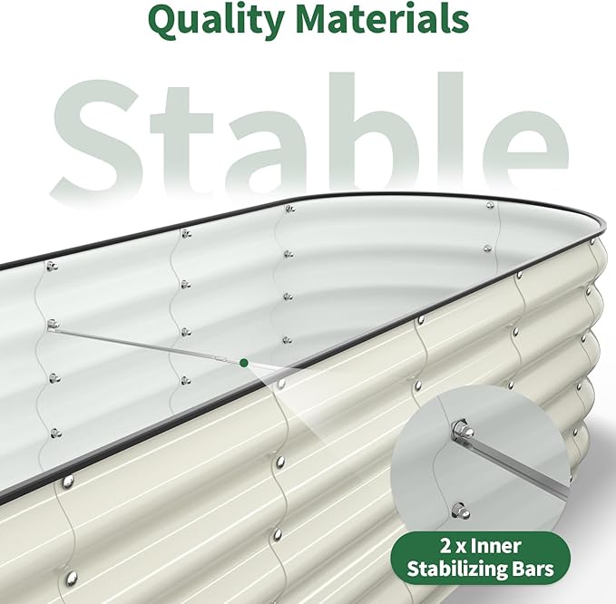 Kesfitt Raised Garden Bed, Metal Galvanized Steel Oval Garden Bed 8x2x1.5 ft with 18-Inch Deep Open-Bottom Design for Outdoor Vegetable Gardening, Pearl White