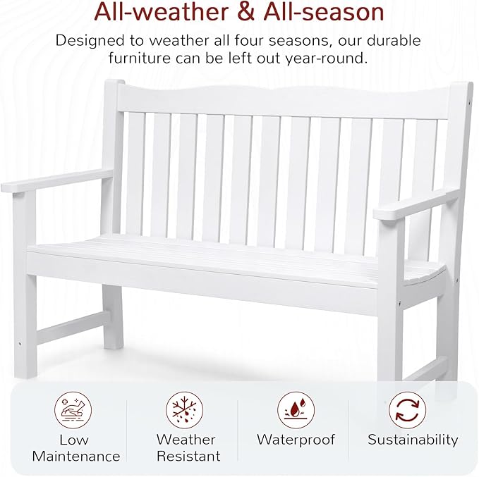 Stoog Outdoor Benches Set of 2, All-Weather HIPS Plastic Garden Bench with 800lb Capacity, Never Fade or Rot, Used for Patio, Porch, Backyard and Park, White