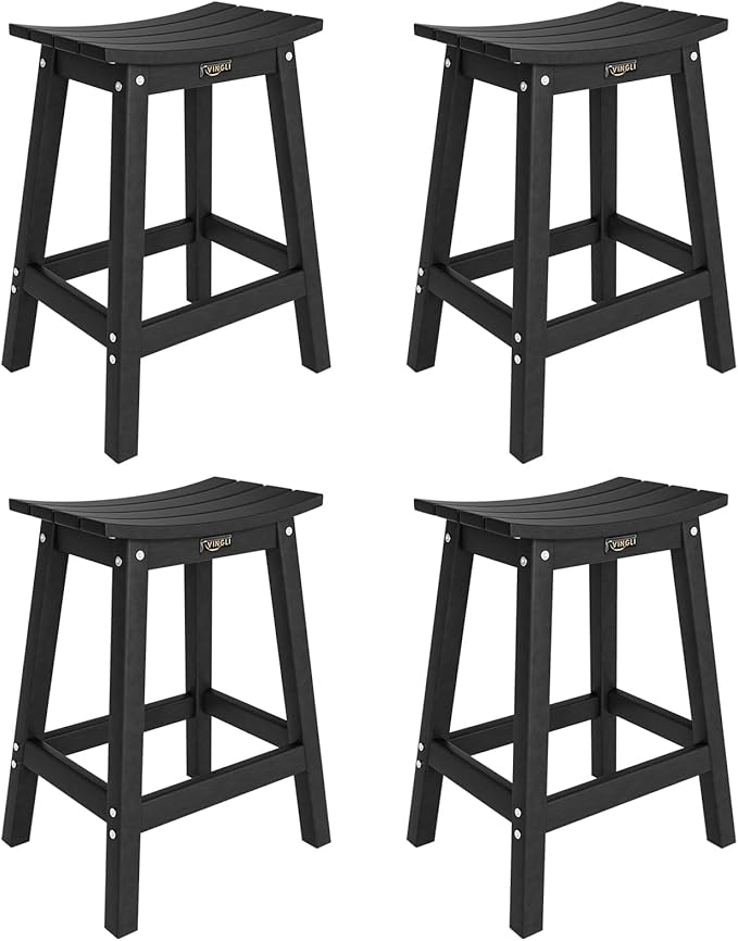 VINGLI 24 Inch Outdoor Bar Stools Set of 4, HDPE Weather Resistance Counter Height Bar Stools Durable Heavy Duty Patio Chairs for Bar Deck Balcony Kitchen Counter and Yard (Black, 24 Inch 4 PC)