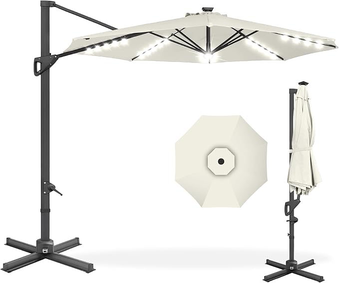Best Choice Products 10ft Solar LED Cantilever Patio Umbrella, 360-Degree Rotation Hanging Offset Market Outdoor Sun Shade for Backyard, Deck, Poolside w/Lights, Easy Tilt, Cross Base