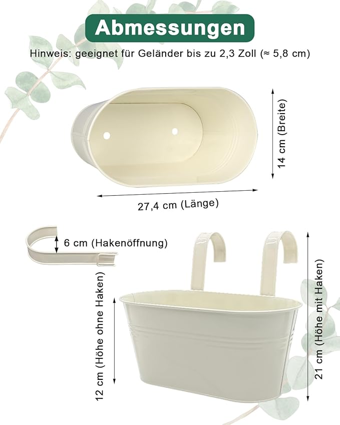 Metal Railing Planters for Outdoor Plants - 3 Pcs Balcony Hanging Flower Pots with Detachable Hooks & Drain Holes, Windowsill Oval Hanging Bucket Pots Fence Planters for Garden Home Decor, Cream White