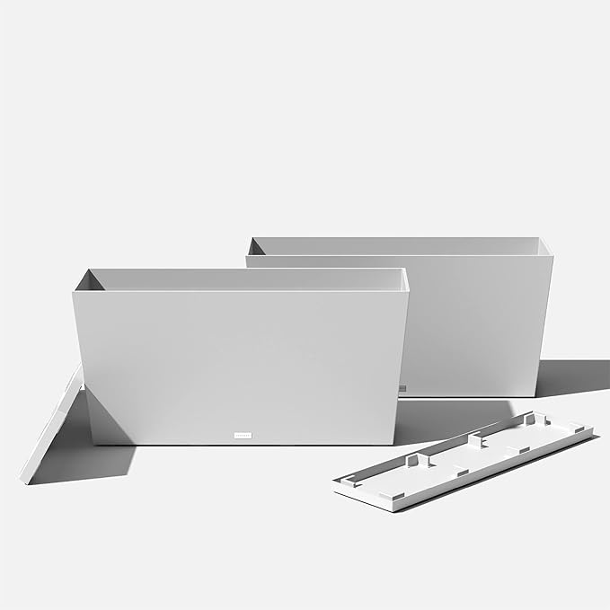 Veradek Midori Long Trough Planter (White, 39 inch - 2 Pack with 2 Saucer Trays)