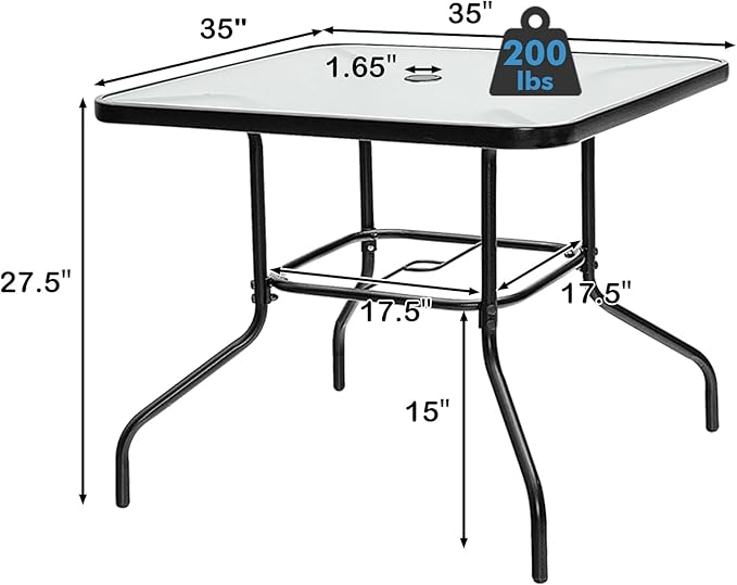 Tangkula 35" Patio Dining Table for 4, Square Outdoor Dining Table with Tempered Glass Tabletop, 1.65" Umbrella Hole & Metal Frame, 4-Person Outside Dining Table for Backyard, Lawn, Deck & Poolside