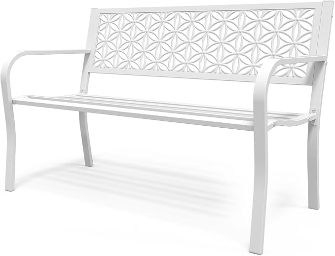 VINGLI 50" Outdoor Bench Metal with Floral Back, Garden Bench Front Porch Bench for Yard Patio Entryway Park Outside, 800lb Capacity - White