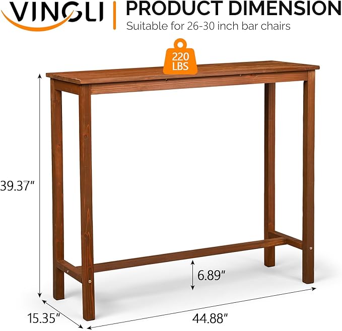 VINGLI Wooden Outdoor Bar Table, Wood Patio Counter Height Table, Weather-Resistant Patio Pub Table for Garden, Balcony, Poolside, Backyard, Indoor Use (Brown, 45")
