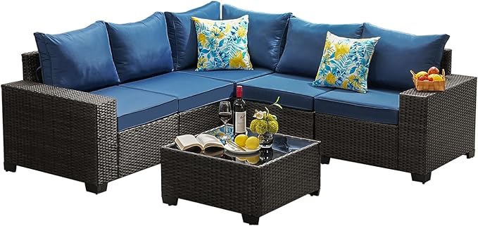 6 Pieces Patio Furniture Set All-Weather Outdoor Wicker Sectional Conversation Sofa Rattan Patio Seating Sofa with Cushion and Glass Table for Porch Poolside,Navy