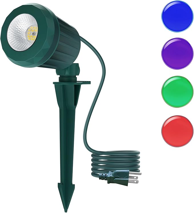 Spotlight Outdoor – 120V Plug-In, 6500K Cool White LED Landscape Lighting with RGB Purple 4 Color Lenses for Yard, Garden, Lawn & Tree Decor on Holidays&Everyday, IP67 Waterproof (1 Pack,Green)