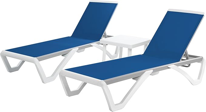 Kozyard Outdoor Chaise Lounge Chair, Full Flat Adjustable Patio Lounger with Aluminum Frame & Resin Legs, Textilene Fabric for Poolside, Backyard & Beach (Blue, 2Chairs with Table)