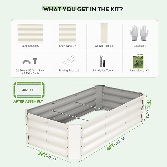 ZORMY 2 Pcs 4x2x1ft Galvanized Raised Garden Bed Outdoor, Metal Planter Boxes with Easy Assembly, Planter Raised Beds for Gardening, Flower, Plants, Vegetable, Herb - White