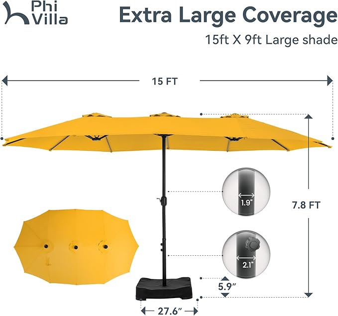 PHI VILLA 15ft Large Patio Umbrellas with Base Included, Outdoor Double-Sided Rectangle Market Umbrella with Stand, Outside Umbrellas for Poolside Lawn Garden, Golden Yellow