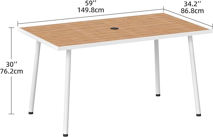 DWVO Patio Table Rectangle 59"x34.2", Patio Dining Table for 6 Weather-Resistant Outdoor Table with Umbrella Hole, Steel Frame, Adjustable Feet for Outdoor/Indoor