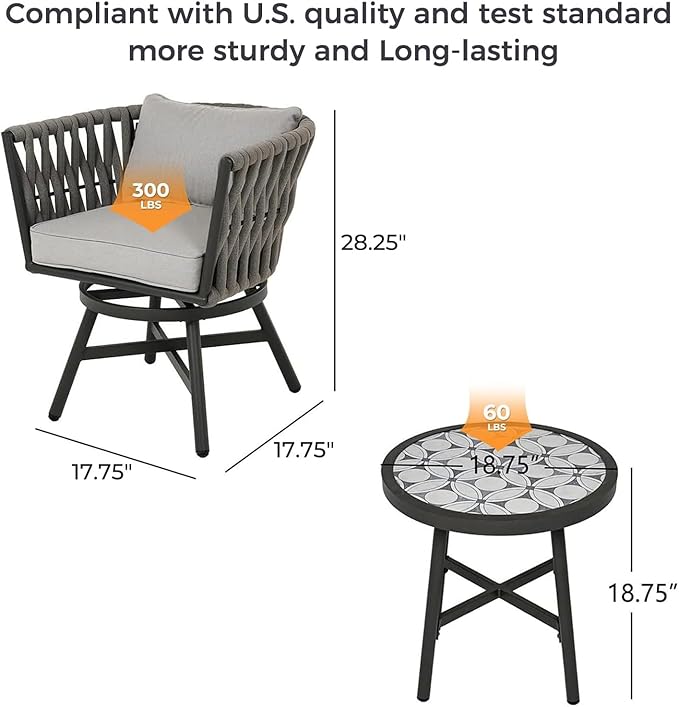 Grand patio Dining Chair Set of 3, Swivel Rope Armchairs with Cushions and Round Side Table with Tile Tabletop, Wicker, Indoor Outdoor Modern Style, Backyard, Balcony, Light Gray Brown