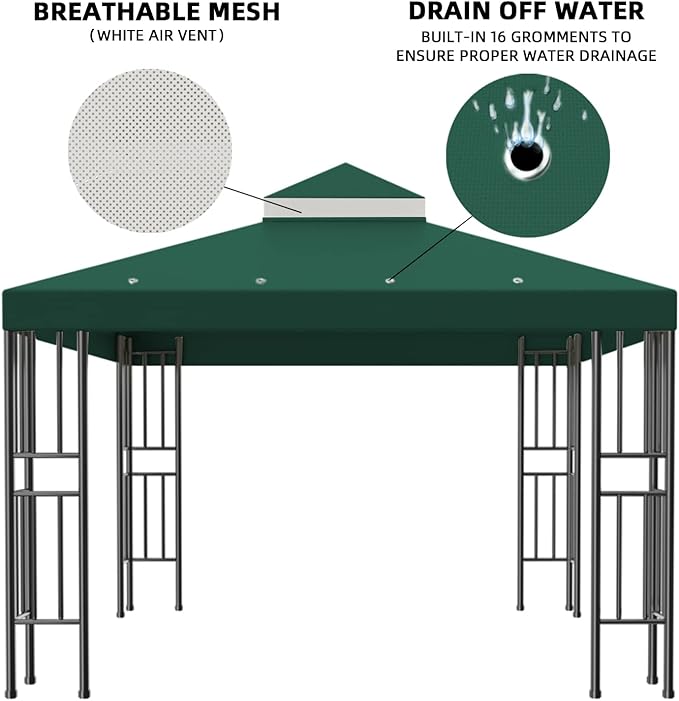 Sumfaller 10x10 FT Gazebo Replacement Canopy Top Double Tiered Canopy Top for Outdoor BBQ Roof Cover Grill Shelter (Green)