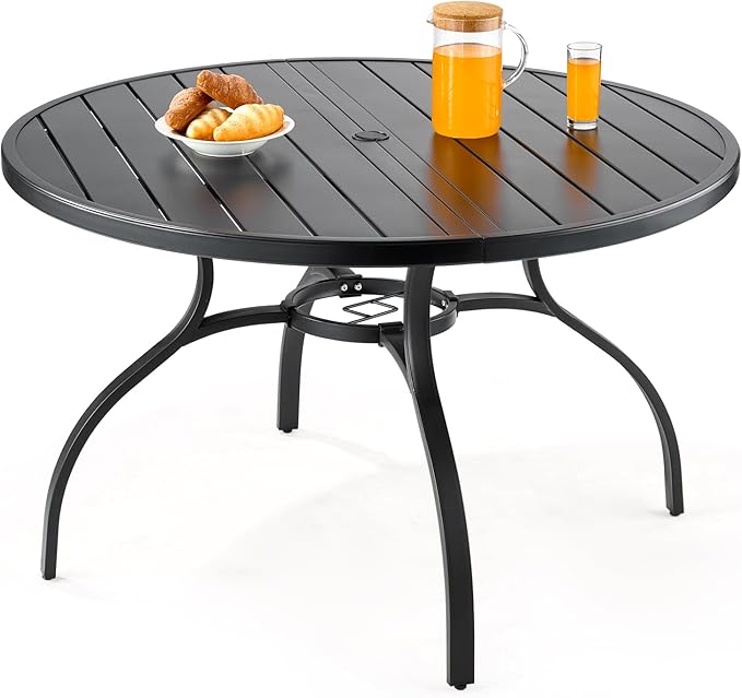 VEVOR Outdoor Patio Dining Table, 47 inch Round Metal Steel Slat Backyard Bistro Tables, with 1.5 in Umbrella Hole, Outside All-Weather Large Furniture for Lawn Garden Porch, Black
