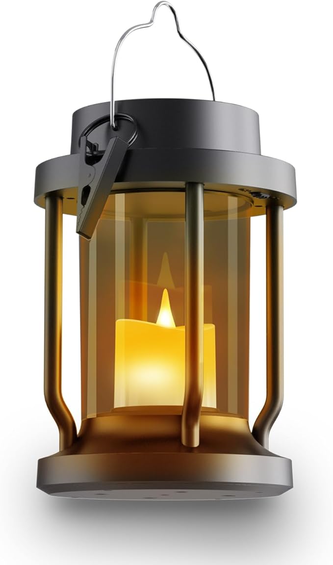 Solar Lantern Outdoor & Indoor Use – Hanging Solar Lights with Realistic Flickering Flameless Candle, Weatherproof for Gardens, Patios, Trees, and Lawns (Black + Gray, 1 Pack)
