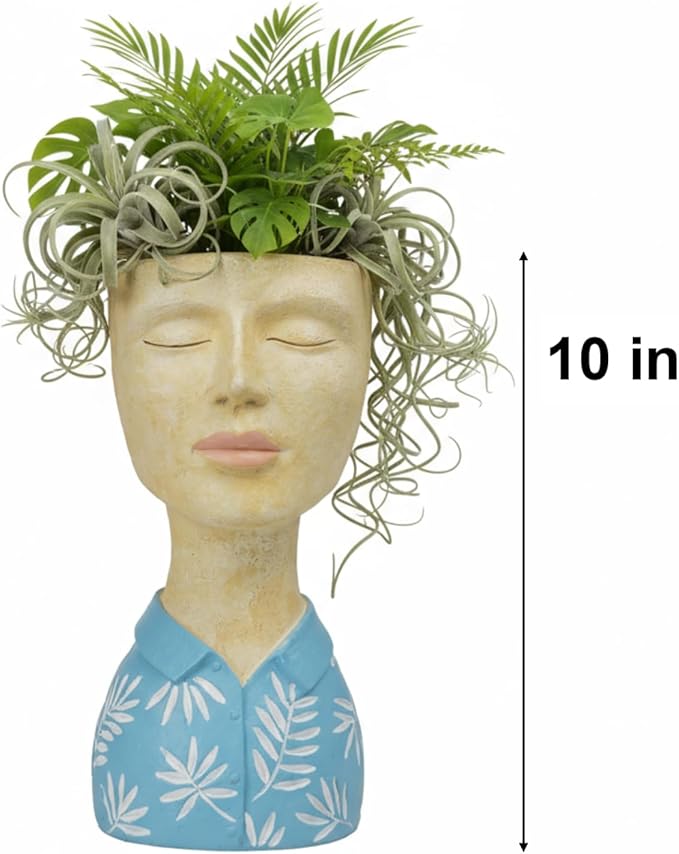DiliComing Face Planter Pot Head Planter - Resin Blue Boy Head Planters for Indoor Outdoor Plants Decorative Flower Pot for Garden Home Office Bust Sculpture Plant Stand 5x6x10.5 Inch