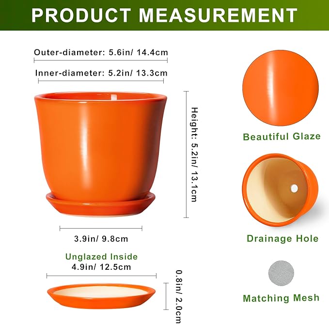 5.6 Inch Plant Pot - Ceramic Pots for Plants Indoor Outdoor, Succulent Pot with Drainage Hole and Saucer, Round Modern Flower Pots, Garden Home Room Decor, Gifts for Plant Lovers, Orange