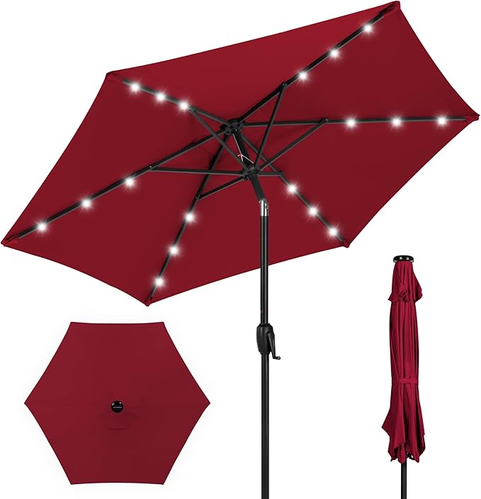 Best Choice Products 7.5ft Outdoor Solar Market Table Patio Umbrella for Deck, Pool w/Tilt, Crank, LED Lights - Burgundy