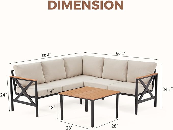 EROMMY 6 Pieces Patio Furniture Sets, Metal Outdoor Sectional Furniture L Shape Patio Conversation Sets with Fauxwood Coffee Table & 6.5" Olefin Cushions for Backyard, Garden, Poolside