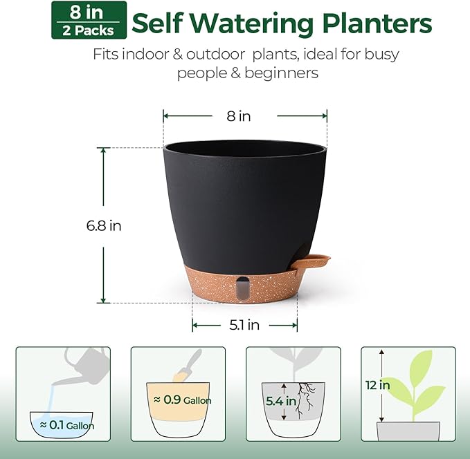 T4U 2 Pack 8 Inch Self Watering Pots - Water Level Indicator & Deep Reservoir, Mess-Free Planter for Busy People, Beginners & Gardeners, Pothos/Herbs/Snake Plants, Indoor Outdoor Use (Black)