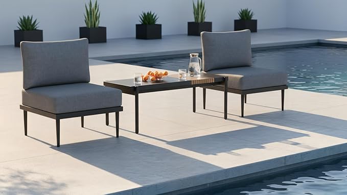 Sundale Outdoor 3 Pieces Patio Furniture Set, Metal Outdoor Sectional Sofa with Coffee Table, All-Weather Modern Outdoor Conversation Sets for Balcony, Porch, Poolside, Sunroom