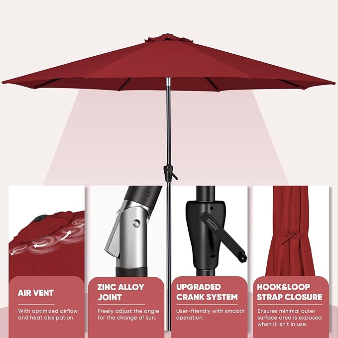 Tempera Patio Market Outdoor Table Umbrella with Auto Tilt and Crank, Large Sun Umbrella with Sturdy Pole & Fade Resistant Canopy, Easy to Set