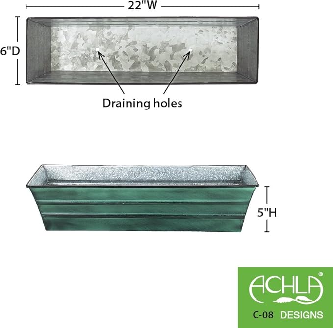 Achla Designs Galvanized Window Flower Box Planter-Green-Small (22" L x 6" W x 5" H)