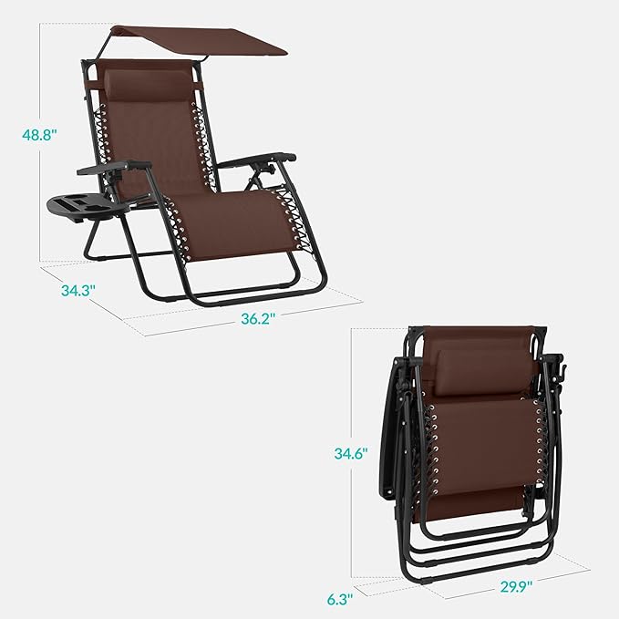 Best Choice Products 30” Wide Folding Zero Gravity Outdoor Recliner Patio Lounge Chair w/Adjustable Canopy Shade, Headrest, Side Accessory Tray - Brown