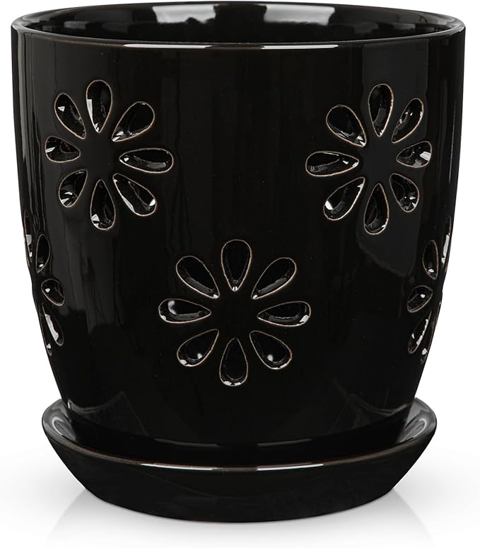 Oairse 6 inch Orchid Pots with Holes, Black Ceramic Orchid Pot for Repotting Small Indoor Plant Pots with Drainage Holes and Saucers Decorative Flower Planter for Orchids, Indoor Plant
