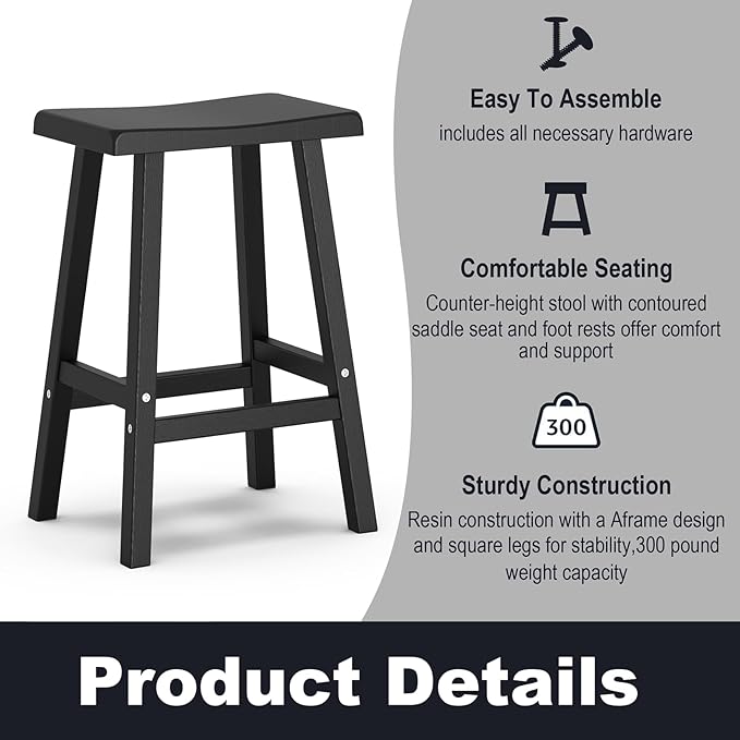 Bar Stools Set of 4, Waterproof UV-Resistant,Durable Resin Kitchen Island Chairs for Indoor & Outdoor Use, Modern Design for Home,Bar,and Cafe (29'' Black-4)