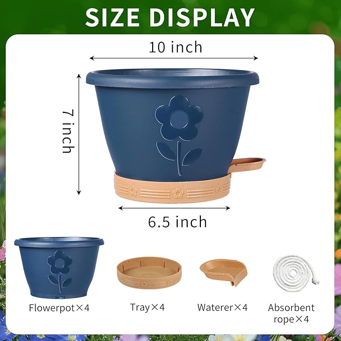 Plant Pots, Flower Pots for Indoor/Outdoor Plants, Self Watering Plastic Planters Pots with Drainage Holes, Saucer & Reservoir, Decorative Nursery Planting Pots(10 Inch Set of 4)