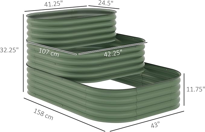 Outsunny 3-Tier Galvanized Steel Raised Garden Bed Kit, 62.25" x 43" x 32.25", 3 Combining Planter Boxes with Rubber Strip Edging, Open Bottom for Backyard, Garden, Patio, Green