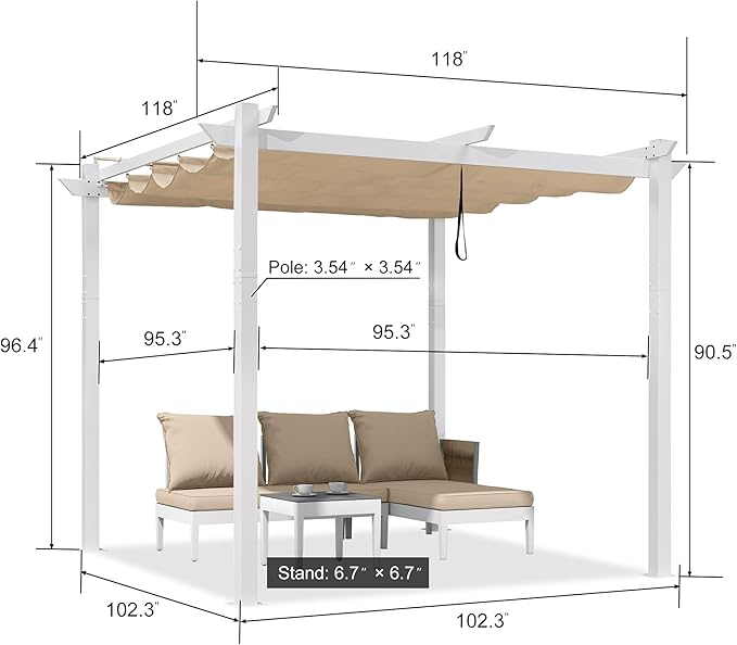 PURPLE LEAF 10' x 13' Aluminum Outdoor Pergola White Retractable Pergola with Double Sun Shade Canopy Wind-Resistant Heavy-Duty Metal Pergola for Patios Deck Backyard Garden, Khaki