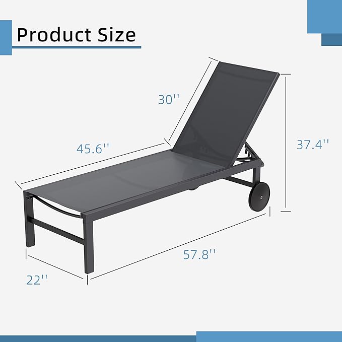 Shintenchi 2 PCS Outdoor Chaise Lounges Chair with Wheels Aluminum Reclining Patio Lounge Chairs with 5 Adjustable Position Recliner for Patio, Beach, Yard, Pool Patio Furniture Set,Dark Grey
