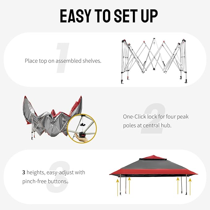 CROWN SHADES 11x11 Pop Up Gazebo, Patented One Push Outoor Canopy Tent with Wheeled STO-N-Go Cover Bag, Pop Up Canopy with Netting for Patio, Backyard (11x11, Red &Grey)