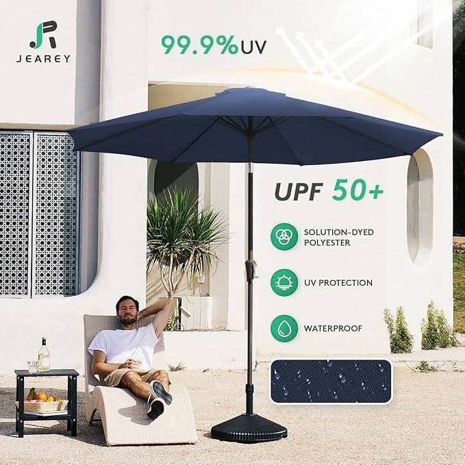 JEAREY 9FT Outdoor Patio Umbrella Outdoor Table Umbrella with Push Button Tilt and Crank, Market Umbrella 8 Sturdy Ribs UV Protection Waterproof for Garden, Deck, Backyard, Pool (Purplish Blue)