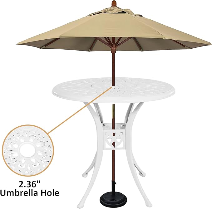 30.31" Outdoor Patio Dining Table, Cast Aluminum Bistro Table, Patio Furniture Set with 2.36" Umbrella Hole for Balcony Lawn Garden Backyard