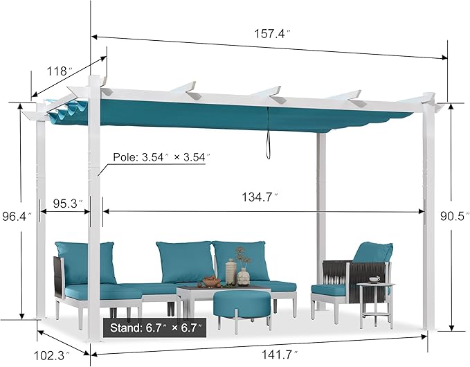 PURPLE LEAF 10' x 10' Aluminum Outdoor Pergola White Wind-Resistant Retractable Pergola with Double Sun Shade Canopy Heavy-Duty Metal Pergola for Patios Backyard Deck Garden, Blue