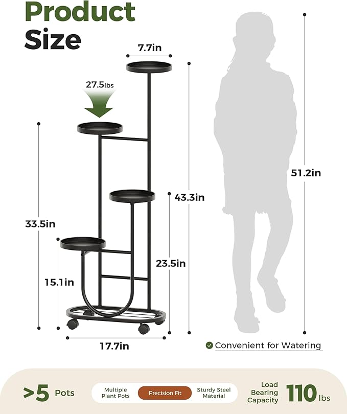 Bamworld Tall Plant Stand Indoor Outdoor Plant Stand with Wheels Heavy Duty Metal Plant Shelf for Multiple Plants Flower Stands for Patio Corner Garden Living Room Balcony, Black