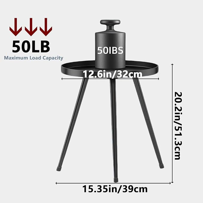 Small Round Side Table Metal End Table Outdoor Black Side Table Mid-Century Modern Accent Table for Office Bedroom Balcony and Small Spaces.