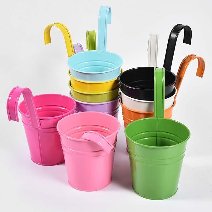 OBTANIM 12 Pack Metal Hanging Flower Pots Railing Planter Outdoor Fence Hanging Bucket Plant Holder with Detachable Hooks Drain Holes for Home Garden Yard Decor (Mixed Color, 4 x 4 Inch)