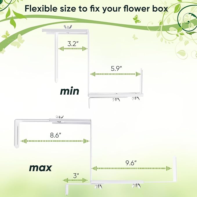 Adjustable Planter Box Bracket, Flower Box Holder Brackets for Deck Railing, Window Box Hanging Brackets for Patio Garden Fence Pergola Balcony Supporting Heavy Planters-4 Pack